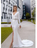 White Satin V Neck Slit Wedding Dress